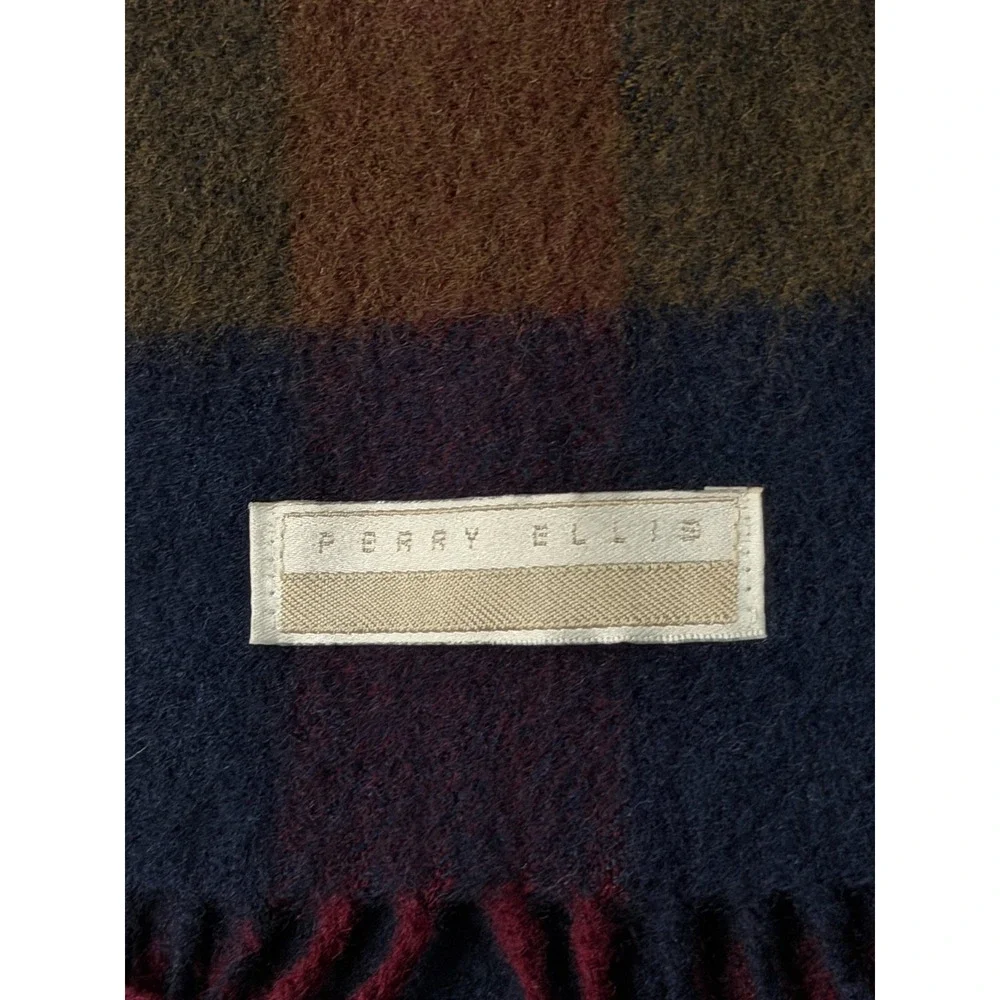 Perry Ellis 100% Wool Scarf Plaid Check Navy Burgundy Fringe Made in Germany